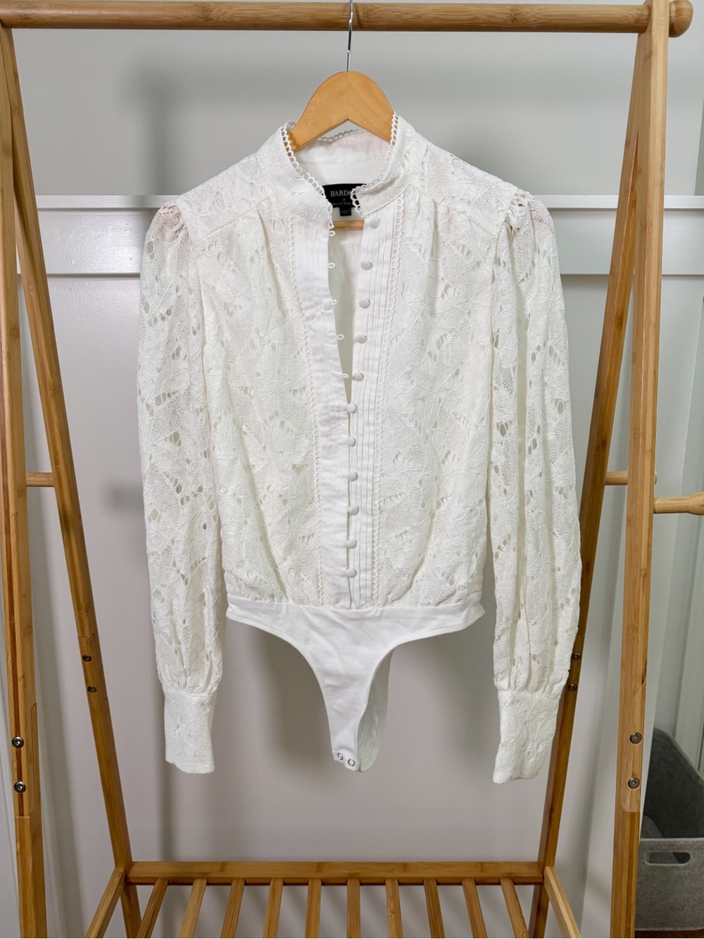 Bardot White Lace High-Neck Long Sleeve Bodysuit